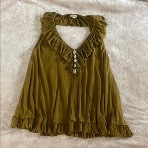 POL Green Ruffled Bib Collar Blouse